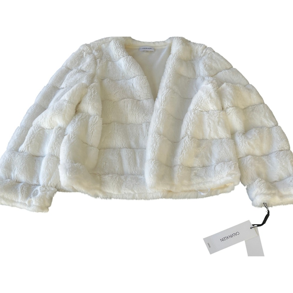 Calvin Klein Womens Faux Fur Jacket White Cropped Bolero Shrug New With Tags